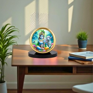 Car Desk/Table Top Lord Krishna Metal Golden Photo Stand 2x2 Inches, Compact & Stylish Spiritual Display for Car, Home & Office (Pack of 1) (F18742)