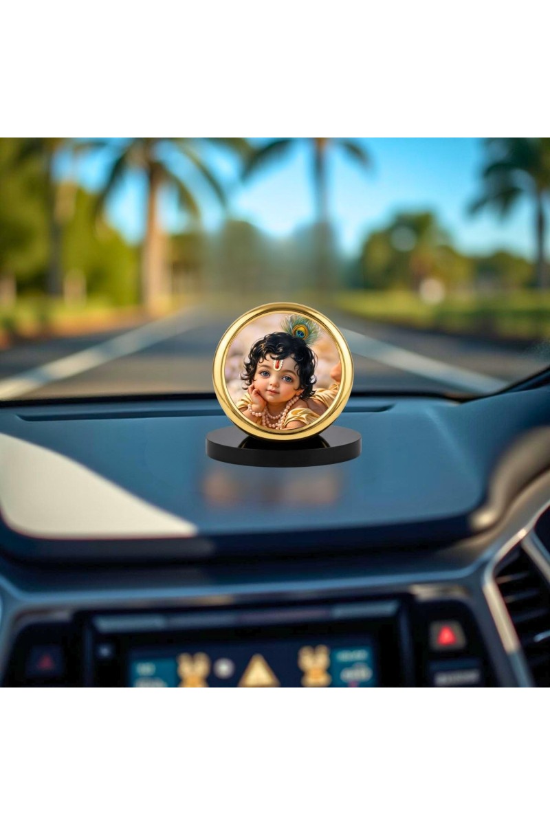 Car Desk/Table Top Little Krishna Metal Golden Photo Stand 2x2 Inches, Compact & Stylish Spiritual Display for Car, Home & Office (Pack of 1) (F18469)