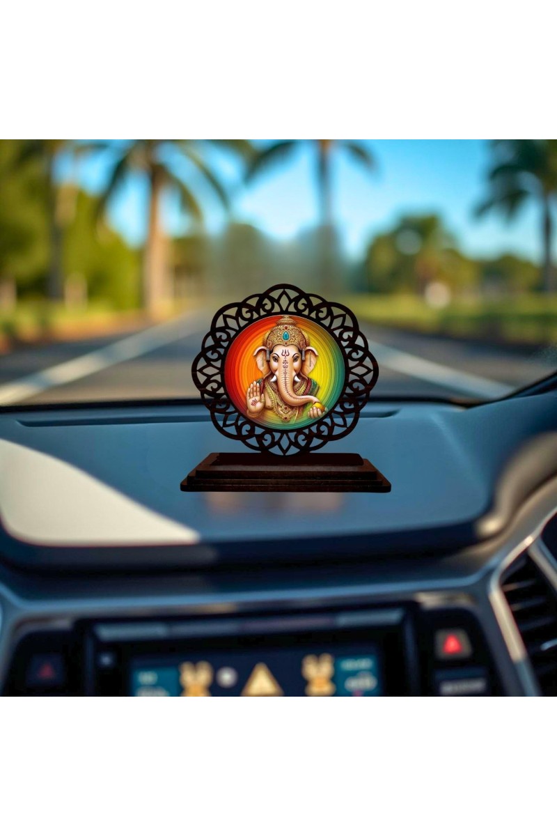Car Desk/Table Top Lord Ganesha Wooden Showpiece 3x4 Inches, Compact & Stylish Spiritual Display for Car, Home & Office (Pack of 1) (F19605)