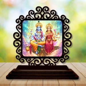 Car Desk/Table Top Lord Vishnu and Lakshmi Wooden Showpiece 3x4 Inches, Compact & Stylish Spiritual Display for Car, Home & Office (Pack of 1) (F20029)