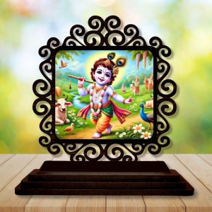 Car Desk/Table Top Lord Krishna Wooden Showpiece 3x4 Inches, Compact & Stylish Spiritual Display for Car, Home & Office (Pack of 1) (F20024)