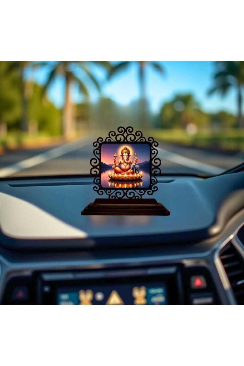 Car Desk/Table Top Lord Ganesha Wooden Showpiece 3x4 Inches, Compact & Stylish Spiritual Display for Car, Home & Office (Pack of 1) (F19829)