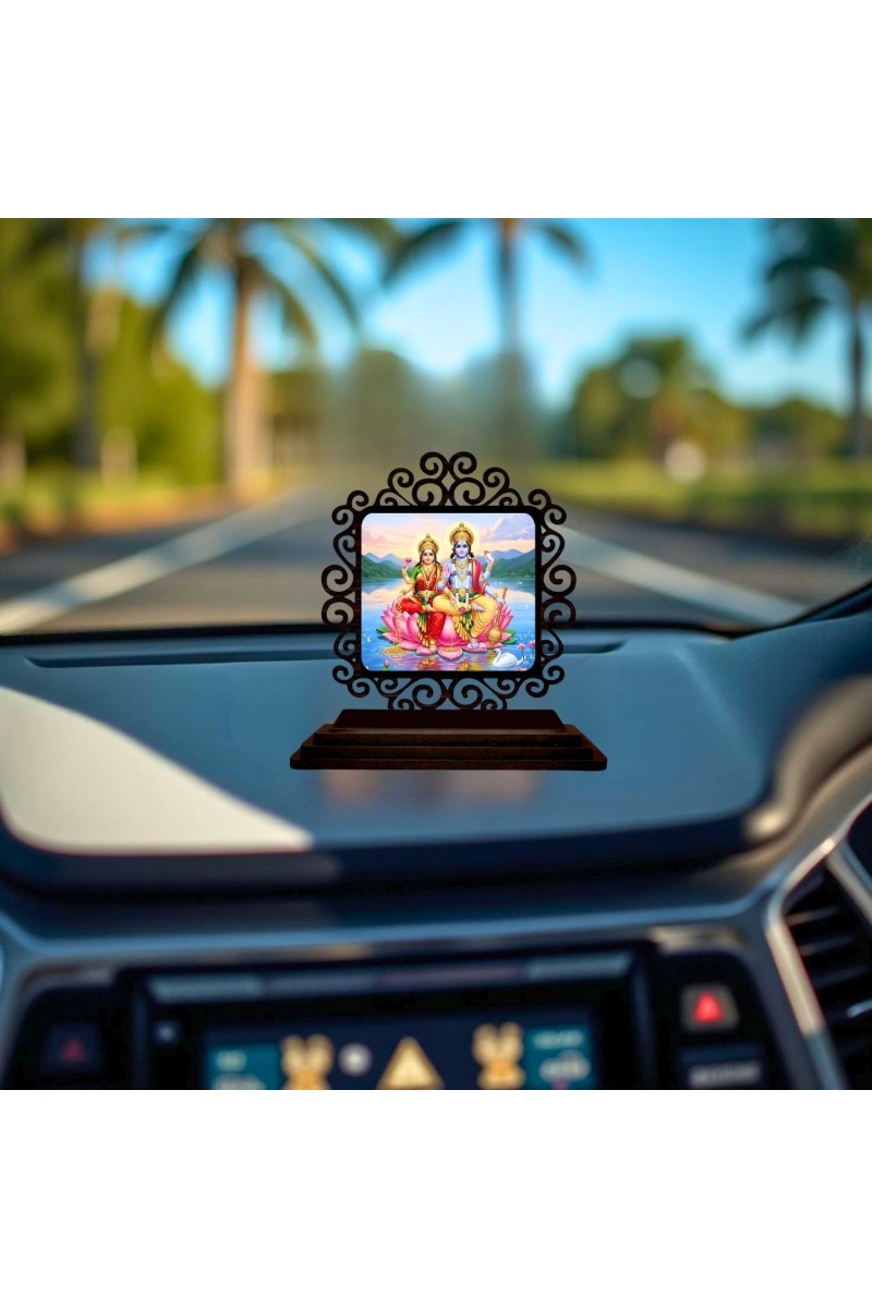 Car Desk/Table Top Lord Vishnu and Lakshmi Wooden Showpiece 3x4 Inches, Compact & Stylish Spiritual Display for Car, Home & Office (Pack of 1) (F19987)