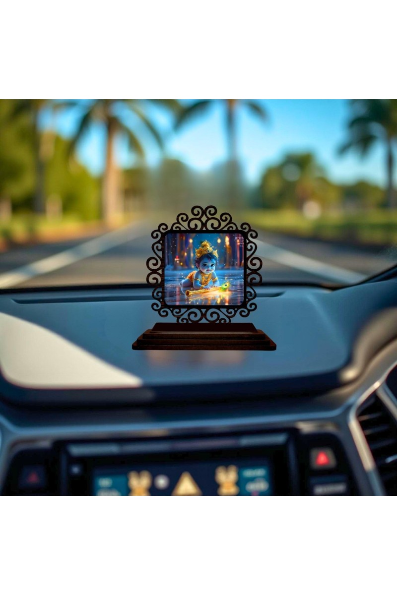 Car Desk/Table Top Little Krishna Wooden Showpiece 3x4 Inches, Compact & Stylish Spiritual Display for Car, Home & Office (Pack of 1) (F19863)