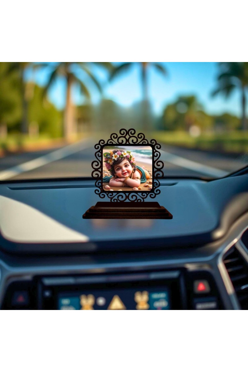 Car Desk/Table Top Little Krishna Wooden Showpiece 3x4 Inches, Compact & Stylish Spiritual Display for Car, Home & Office (Pack of 1) (F19869)