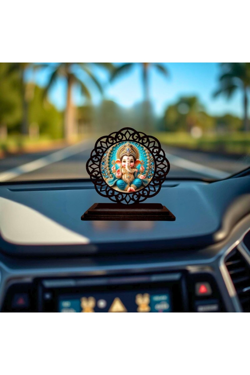 Car Desk/Table Top Lord Gansha Wooden Showpiece 3x4 Inches, Compact & Stylish Spiritual Display for Car, Home & Office (Pack of 1) (F19682)