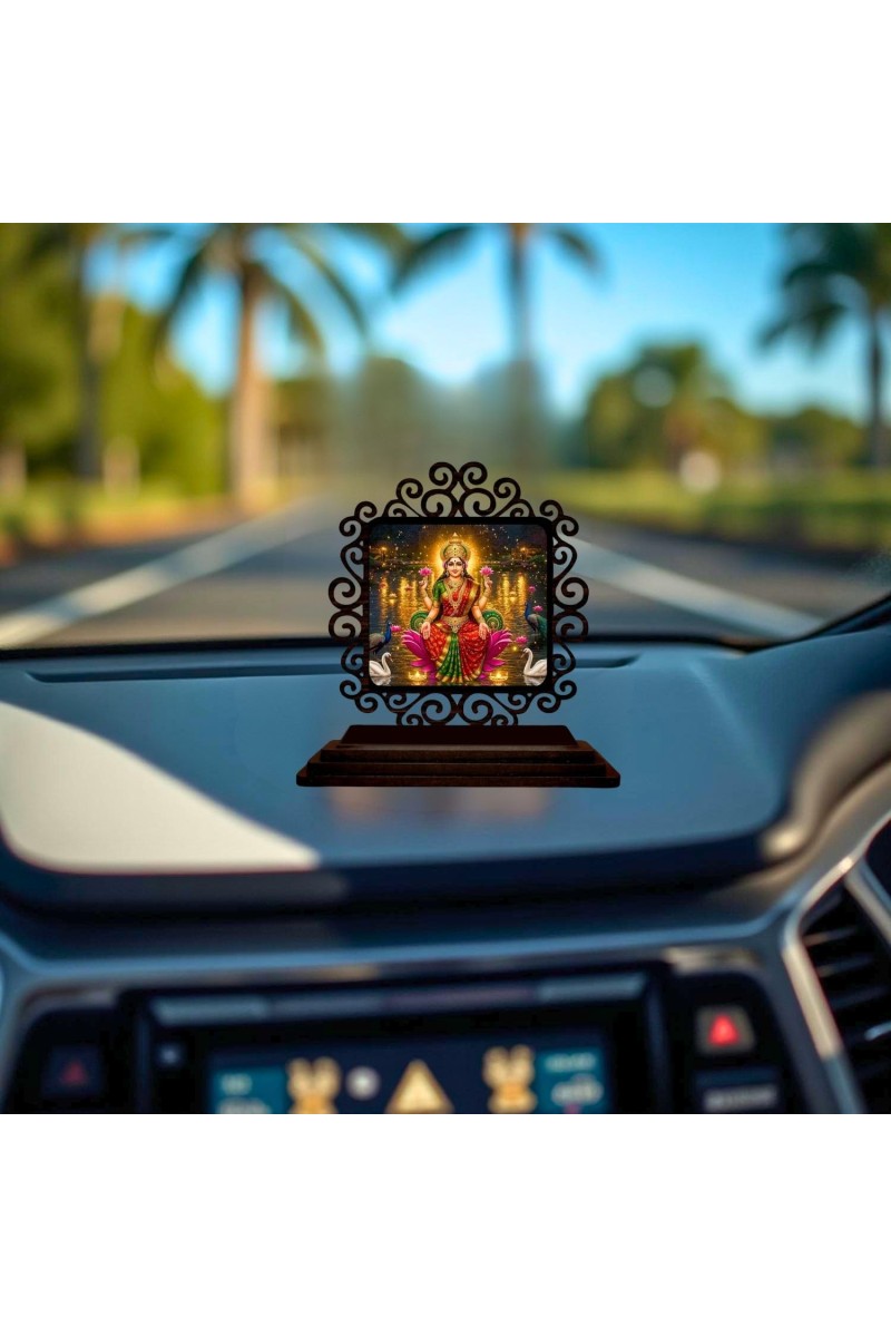 Car Desk/Table Top Goddess Lakshmi Wooden Showpiece 3x4 Inches, Compact & Stylish Spiritual Display for Car, Home & Office (Pack of 1) (F20017)