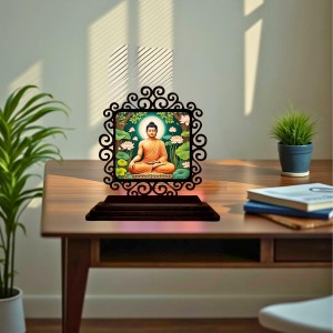 Car Desk/Table Top Serene Buddha Wooden Showpiece 3x4 Inches, Compact & Stylish Spiritual Display for Car, Home & Office (Pack of 1) (F20046)