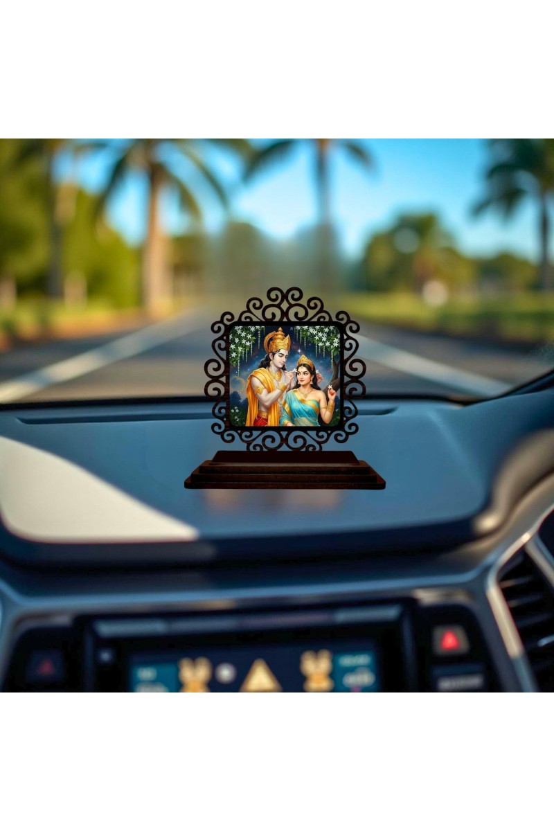 Car Desk/Table Top Radha Krishna Wooden Showpiece 3x4 Inches, Compact & Stylish Spiritual Display for Car, Home & Office (Pack of 1) (F19807)