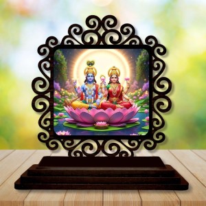 Car Desk/Table Top Lord Vishnu and Lakshmi Wooden Showpiece 3x4 Inches, Compact & Stylish Spiritual Display for Car, Home & Office (Pack of 1) (F19826)