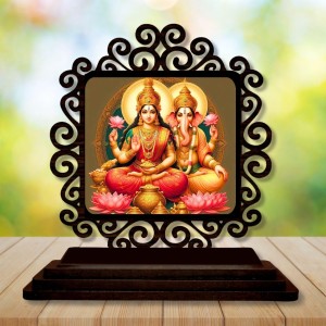 Car Desk/Table Top Lord Ganesha and Lakshmi Wooden Showpiece 3x4 Inches, Compact & Stylish Spiritual Display for Car, Home & Office (Pack of 1) (F19822)