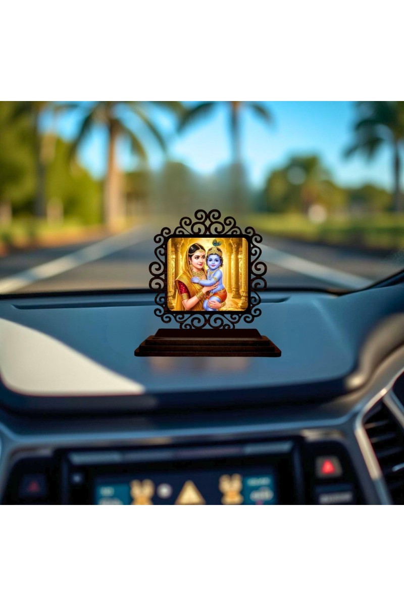 Car Desk/Table Top Yashodha and Krishna Wooden Showpiece 3x4 Inches, Compact & Stylish Spiritual Display for Car, Home & Office (Pack of 1) (F20068)