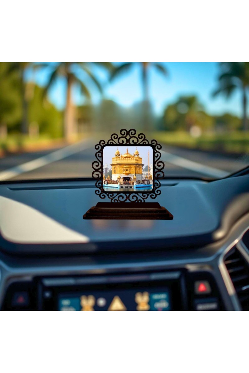 Car Desk/Table Top Golden Temple Wooden Showpiece 3x4 Inches, Compact & Stylish Spiritual Display for Car, Home & Office (Pack of 1) (F19893)