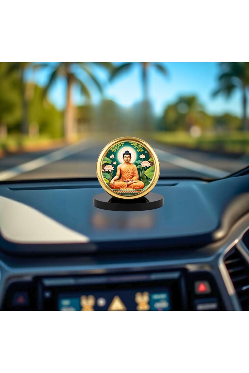 Car Desk/Table Top Serene Buddha Metal Golden Photo Stand 2x2 Inches, Compact & Stylish Spiritual Display for Car, Home & Office (Pack of 1) (F18911)