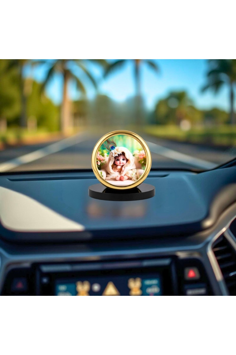 Car Desk/Table Top Little Krishna Metal Golden Photo Stand 2x2 Inches, Compact & Stylish Spiritual Display for Car, Home & Office (Pack of 1) (F18634)