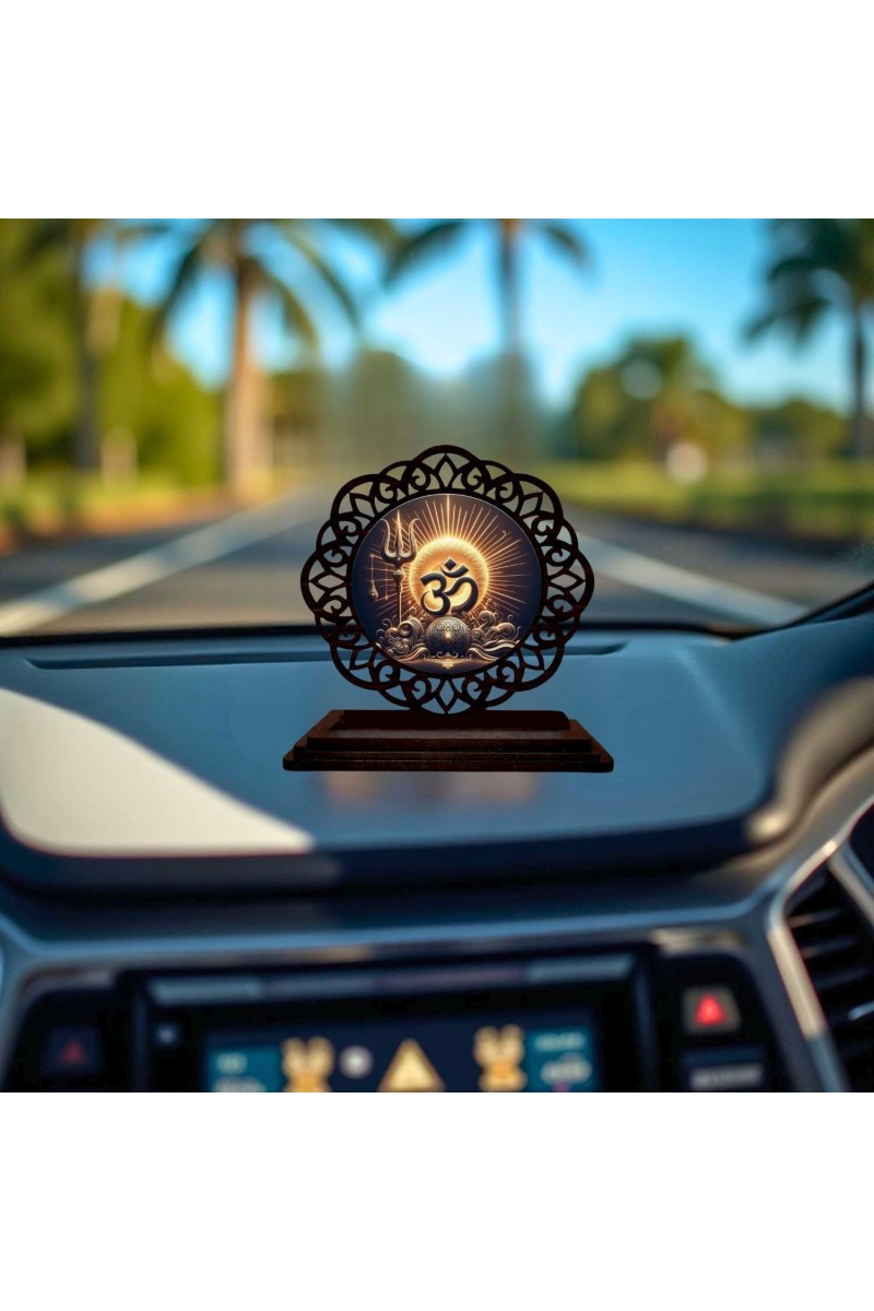 Car Desk/Table Top Omm Symbol Wooden Showpiece 3x4 Inches, Compact & Stylish Spiritual Display for Car, Home & Office (Pack of 1) (F19645)