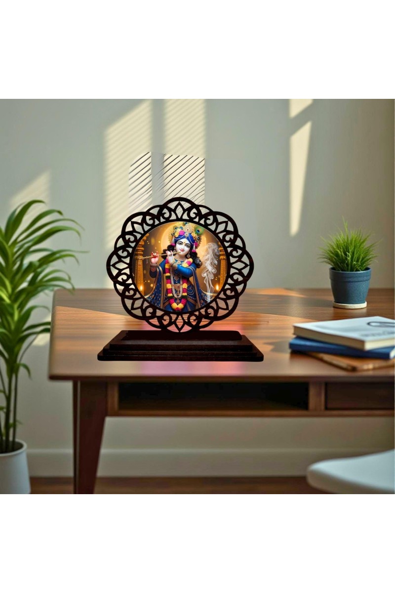 Car Desk/Table Top Lord Krishna Wooden Showpiece 3x4 Inches, Compact & Stylish Spiritual Display for Car, Home & Office (Pack of 1) (F19746)
