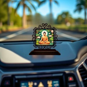 Car Desk/Table Top Serene Buddha Wooden Showpiece 3x4 Inches, Compact & Stylish Spiritual Display for Car, Home & Office (Pack of 1) (F20046)