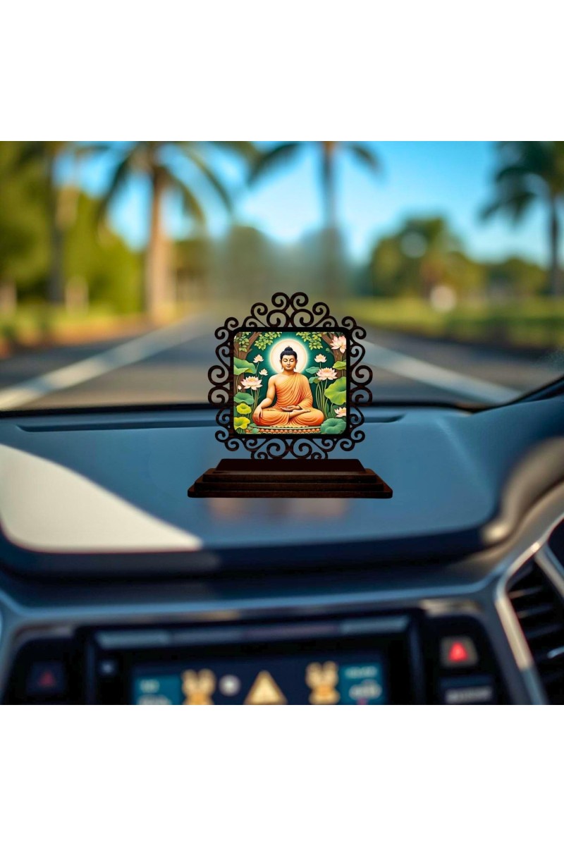 Car Desk/Table Top Serene Buddha Wooden Showpiece 3x4 Inches, Compact & Stylish Spiritual Display for Car, Home & Office (Pack of 1) (F20046)