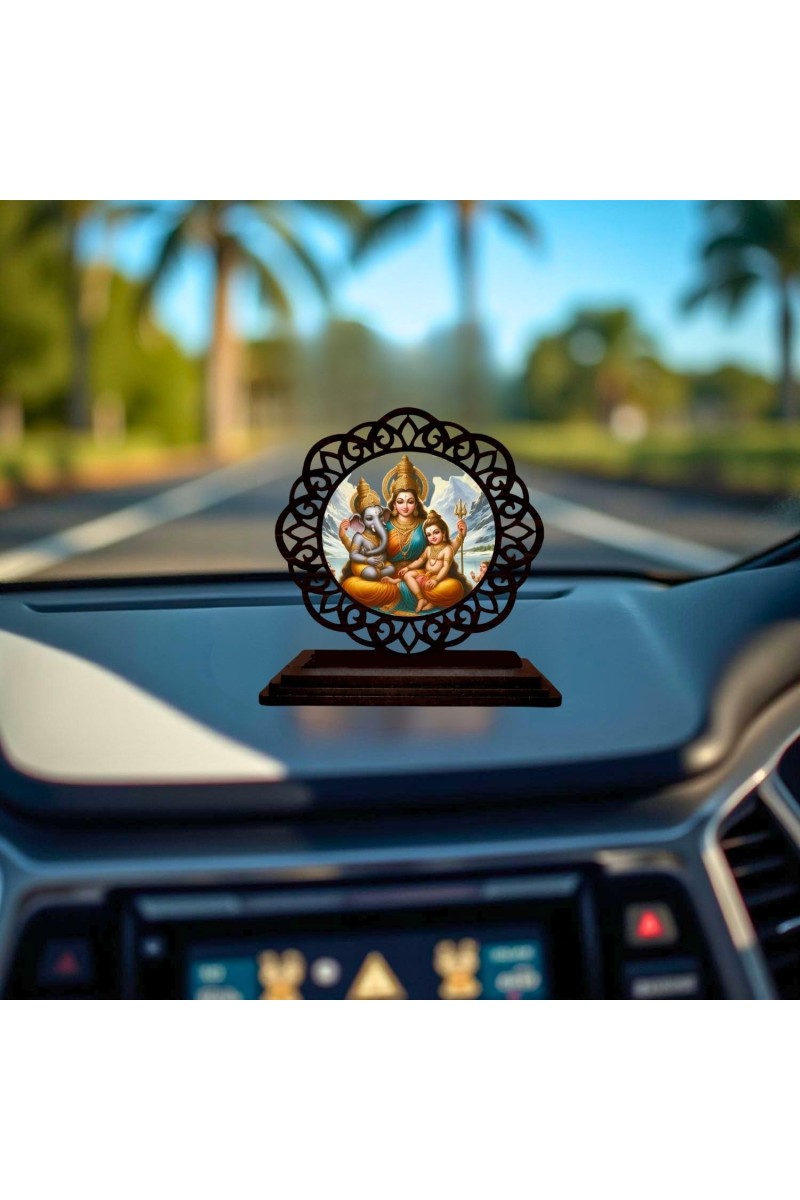 Car Desk/Table Top Parvathi Maa and Ganesha and Karthikeya Wooden Showpiece 3x4 Inches, Compact & Stylish Spiritual Display for Car, Home & Office (Pack of 1) (F19598)