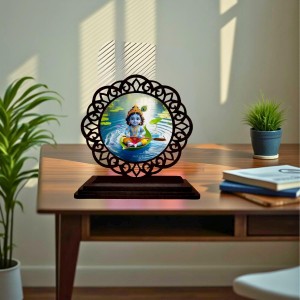 Car Desk/Table Top Lord Krishna Wooden Showpiece 3x4 Inches, Compact & Stylish Spiritual Display for Car, Home & Office (Pack of 1) (F19714)