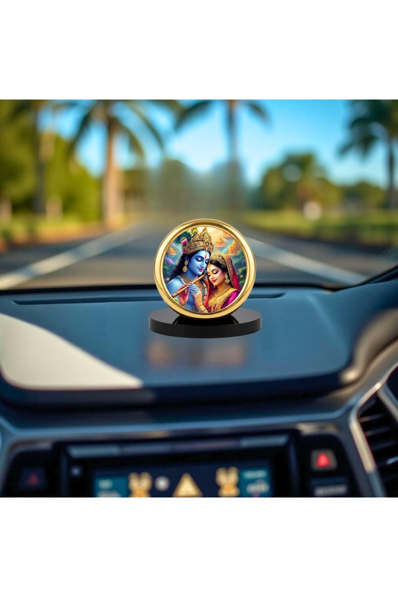 Car Desk/Table Top Radha Krishna Metal Golden Photo Stand 2x2 Inches, Compact & Stylish Spiritual Display for Car, Home & Office (Pack of 1) (F18806)