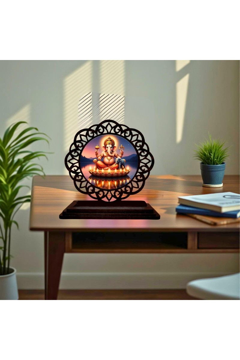 Car Desk/Table Top Lord Ganesha Wooden Showpiece 3x4 Inches, Compact & Stylish Spiritual Display for Car, Home & Office (Pack of 1) (F19744)