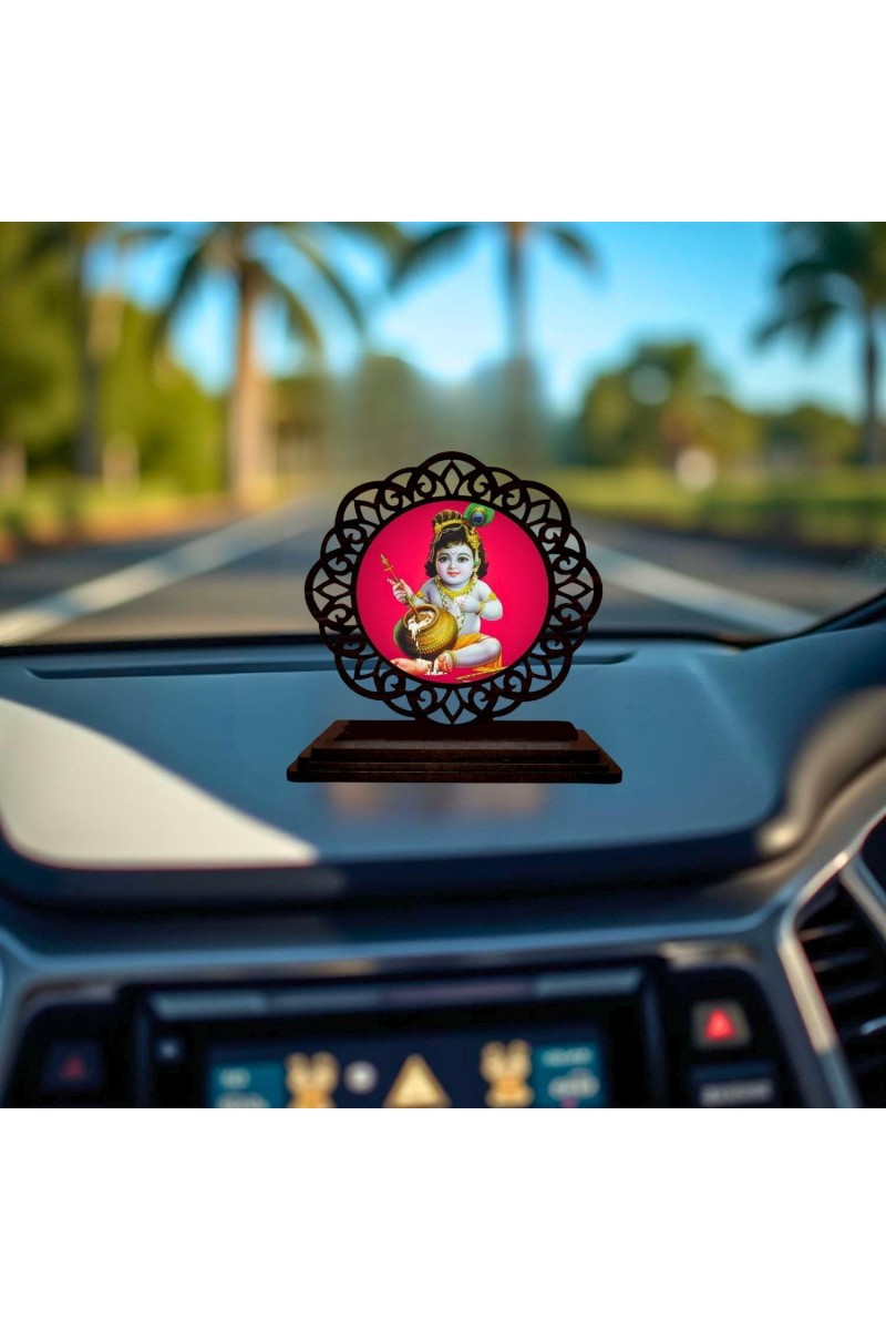 Car Desk/Table Top Lord Krishna Wooden Showpiece 3x4 Inches, Compact & Stylish Spiritual Display for Car, Home & Office (Pack of 1) (F19562)