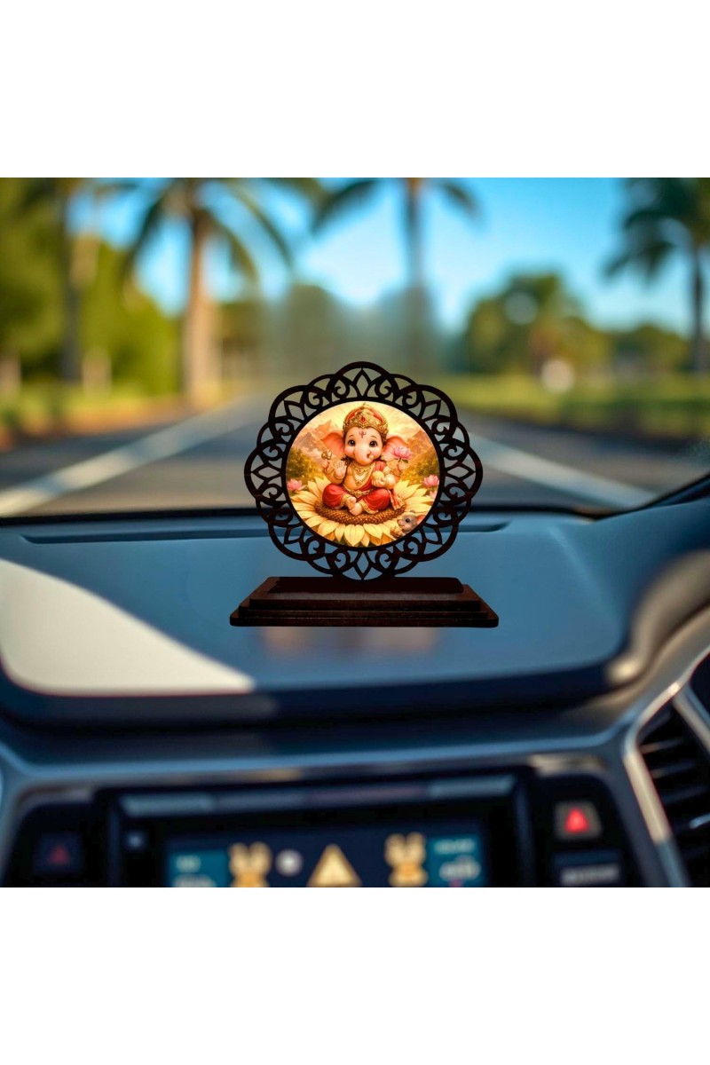 Car Desk/Table Top Lord Ganesha Wooden Showpiece 3x4 Inches, Compact & Stylish Spiritual Display for Car, Home & Office (Pack of 1) (F19686)