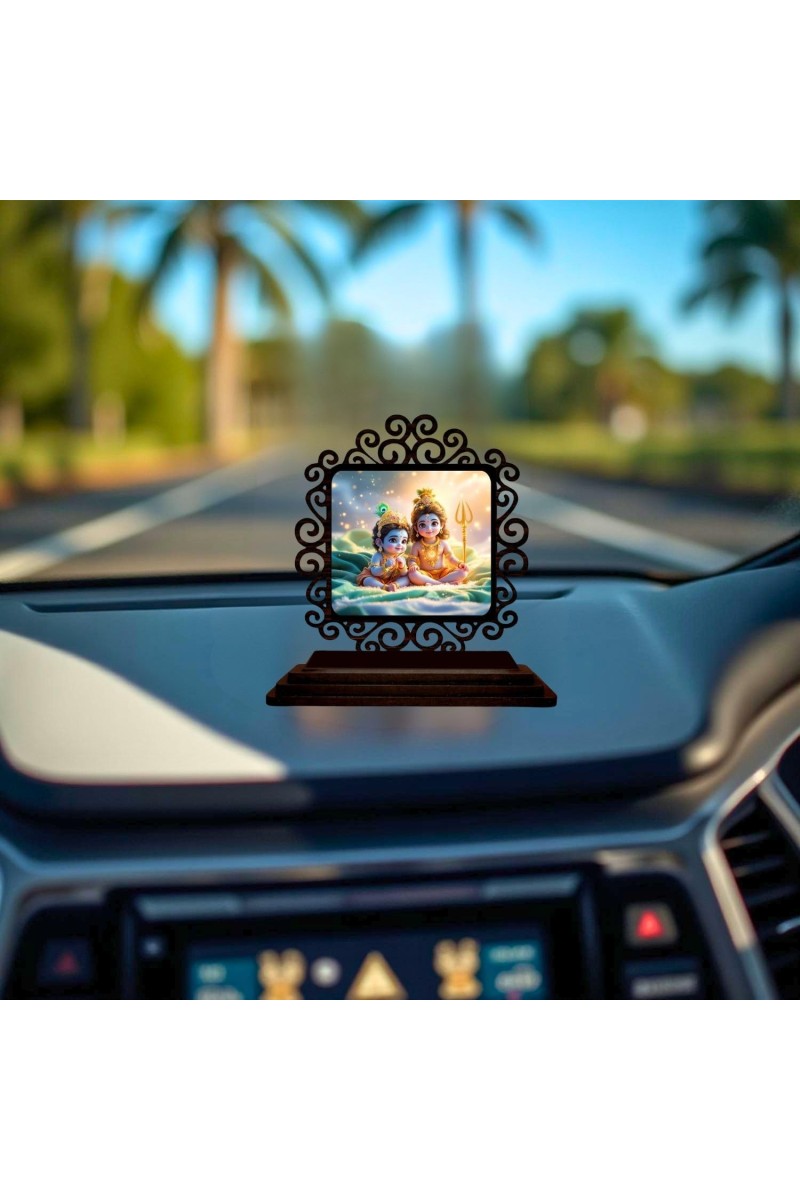 Car Desk/Table Top Little Krishna and Shiva Wooden Showpiece 3x4 Inches, Compact & Stylish Spiritual Display for Car, Home & Office (Pack of 1) (F19968)