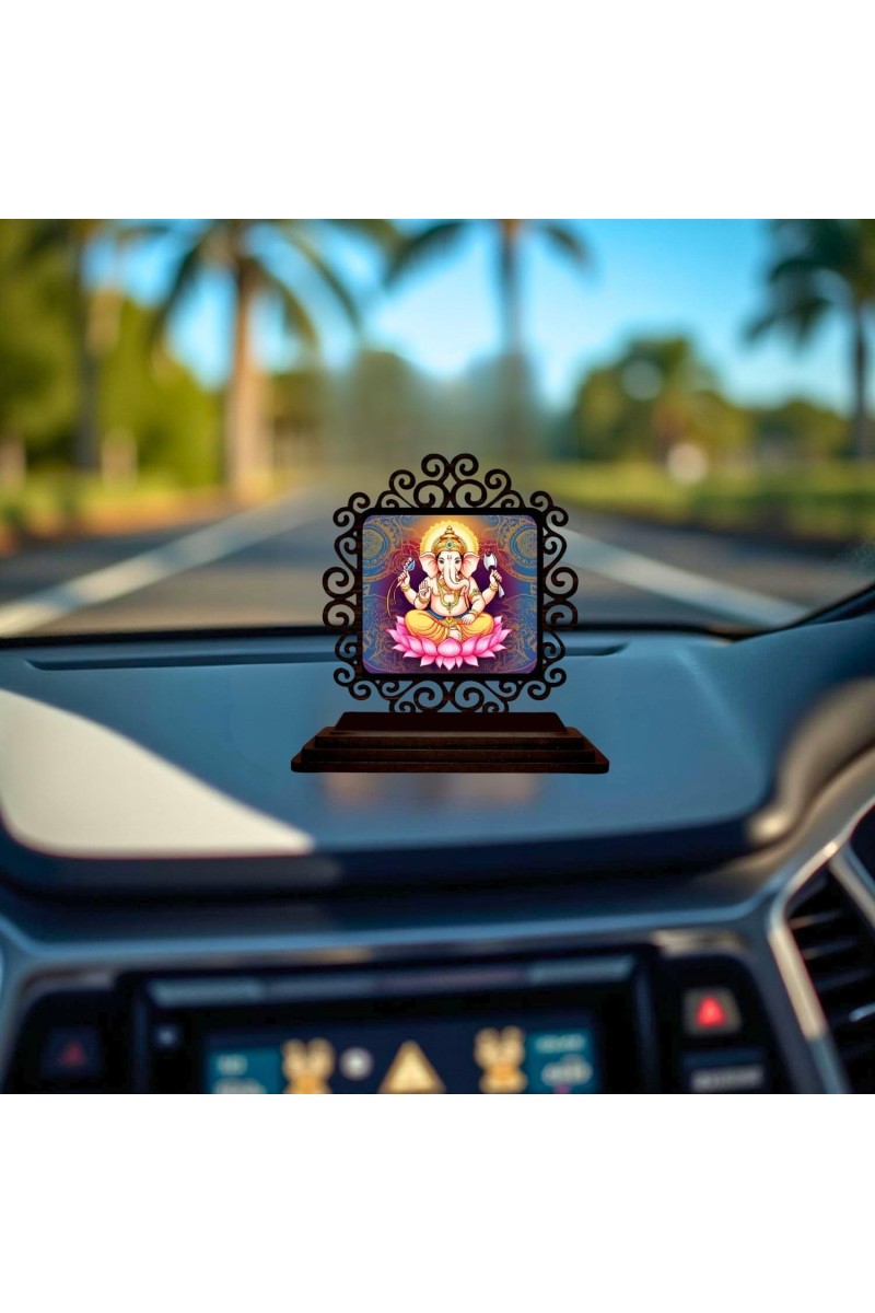 Car Desk/Table Top Lord Ganesha Wooden Showpiece 3x4 Inches, Compact & Stylish Spiritual Display for Car, Home & Office (Pack of 1) (F19803)