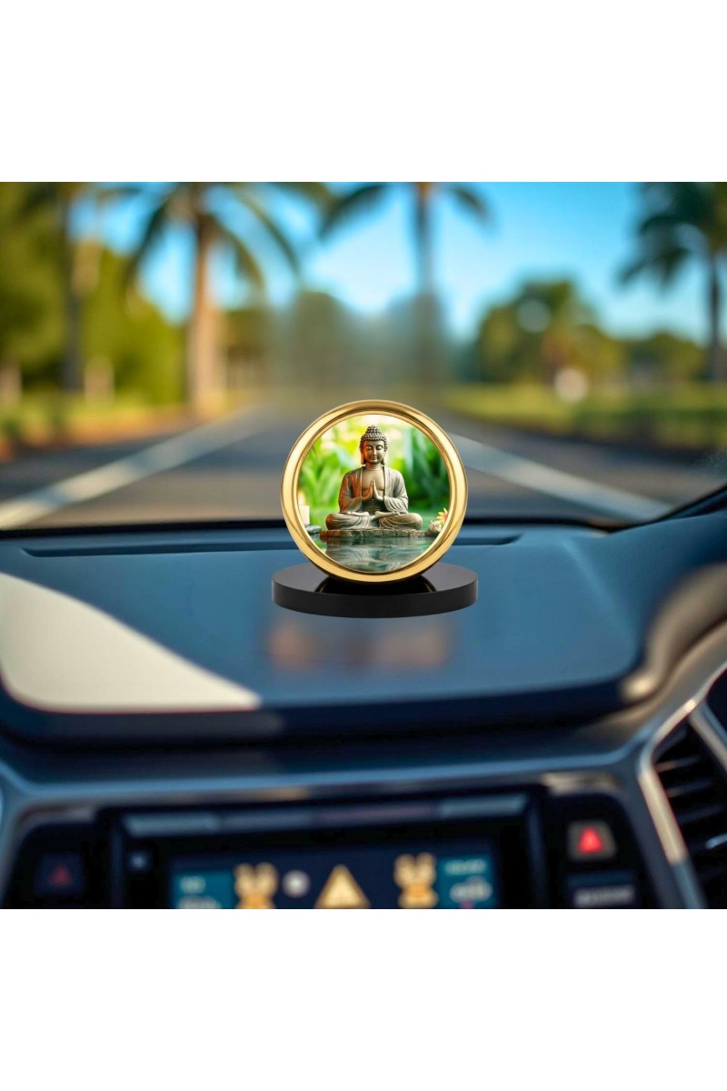 Car Desk/Table Top Buddha Metal Golden Photo Stand 2x2 Inches, Compact & Stylish Spiritual Display for Car, Home & Office (Pack of 1) (F18598)
