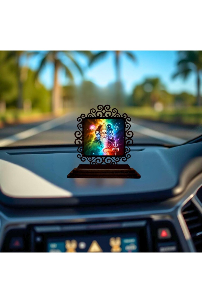 Car Desk/Table Top Bramha and Vishnu and Shiva Wooden Showpiece 3x4 Inches, Compact & Stylish Spiritual Display for Car, Home & Office (Pack of 1) (F20043)