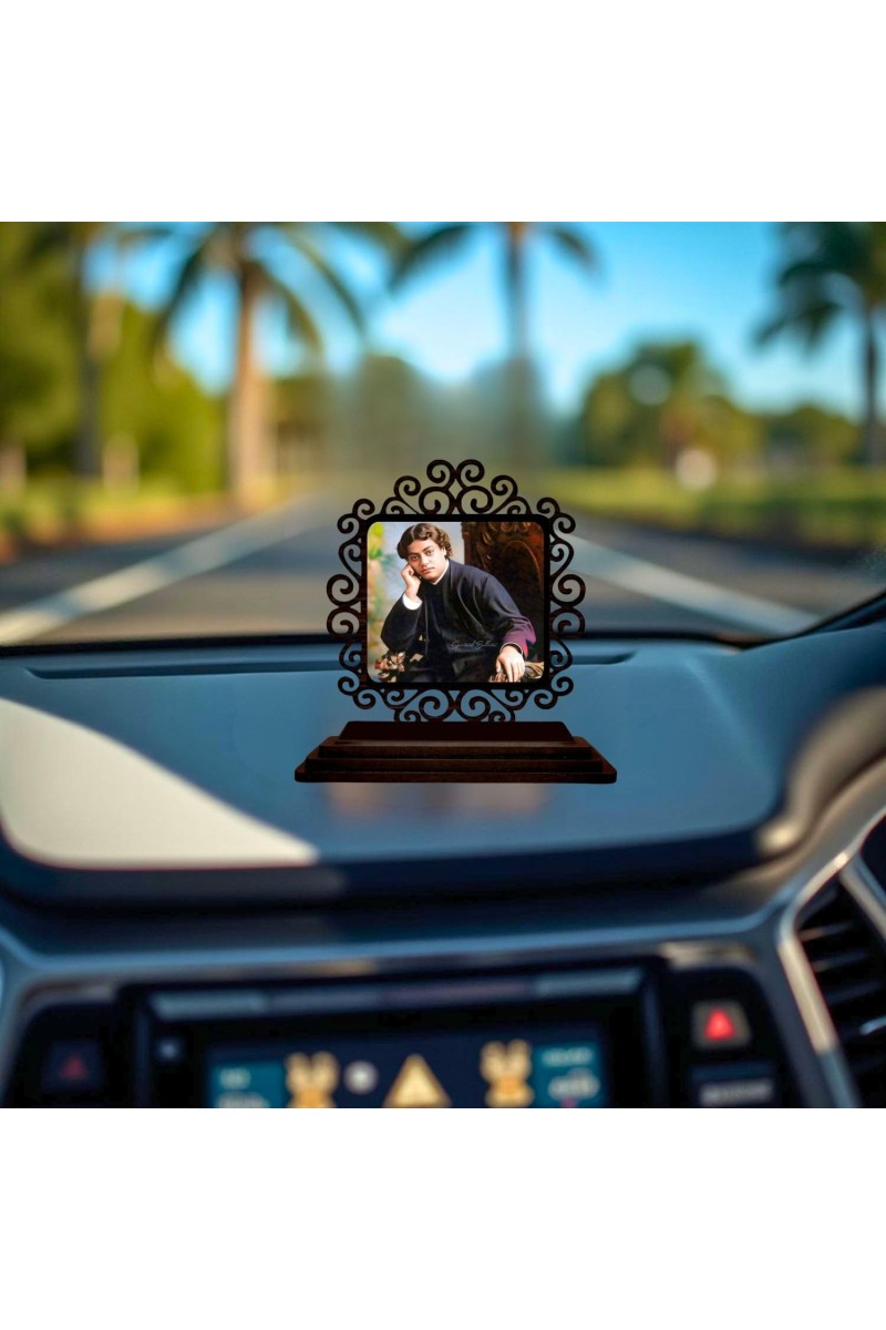 Car Desk/Table Top Swami Vivekananda Wooden Showpiece 3x4 Inches, Compact & Stylish Spiritual Display for Car, Home & Office (Pack of 1) (F19970)