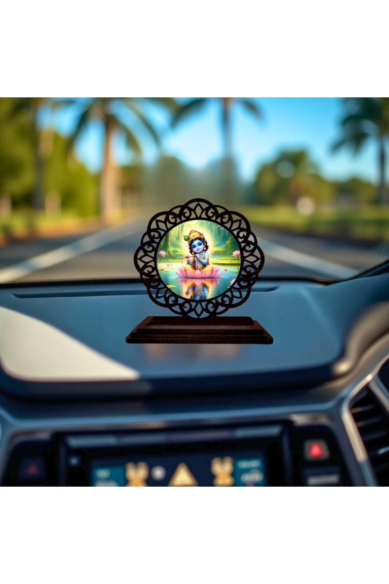 Car Desk/Table Top Lord Krishna Wooden Showpiece 3x4 Inches, Compact & Stylish Spiritual Display for Car, Home & Office (Pack of 1) (F19739)