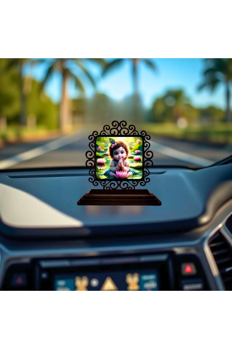 Car Desk/Table Top Lord Krishna Wooden Showpiece 3x4 Inches, Compact & Stylish Spiritual Display for Car, Home & Office (Pack of 1) (F20007)