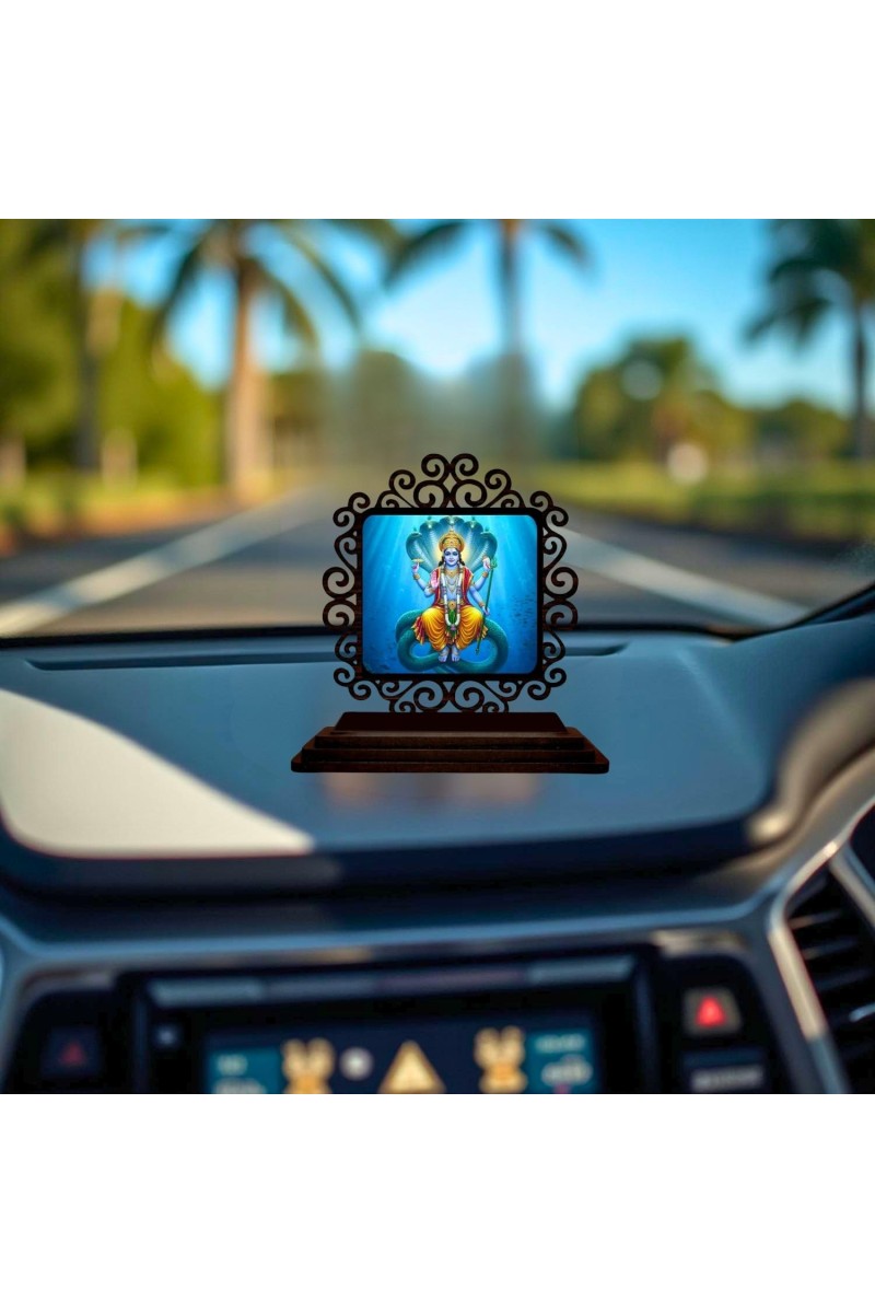 Car Desk/Table Top Lord Vishnu Wooden Showpiece 3x4 Inches, Compact & Stylish Spiritual Display for Car, Home & Office (Pack of 1) (F19885)