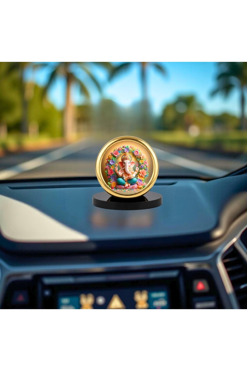 Car Desk/Table Top Lord Ganesha Metal Golden Photo Stand 2x2 Inches, Compact & Stylish Spiritual Display for Car, Home & Office (Pack of 1) (F18618)