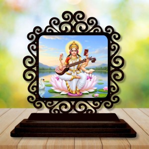 Car Desk/Table Top Lord Saraswathi Wooden Showpiece 3x4 Inches, Compact & Stylish Spiritual Display for Car, Home & Office (Pack of 1) (F19979)