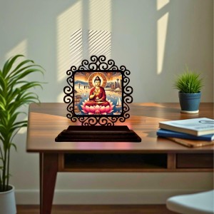 Car Desk/Table Top Serene Buddha Wooden Showpiece 3x4 Inches, Compact & Stylish Spiritual Display for Car, Home & Office (Pack of 1) (F20056)