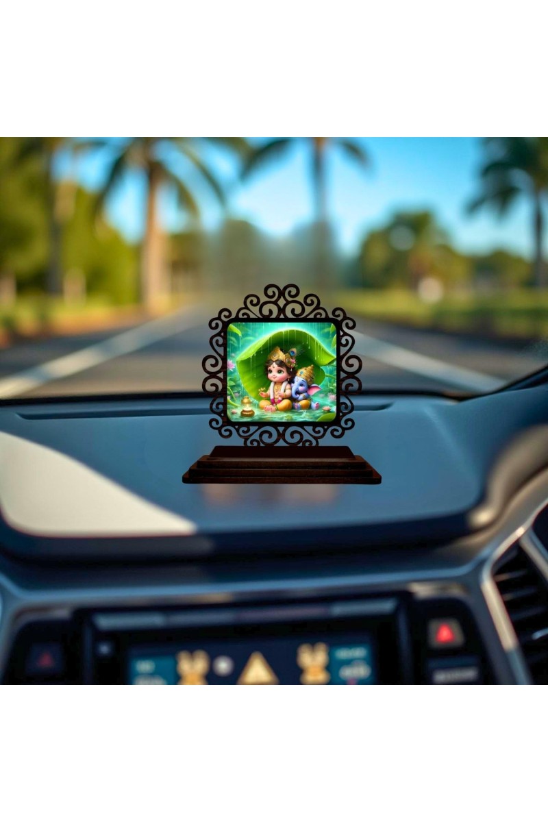Car Desk/Table Top Lord Krishna Wooden Showpiece 3x4 Inches, Compact & Stylish Spiritual Display for Car, Home & Office (Pack of 1) (F19965)