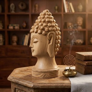 Wooden Lord Buddha Idol Showpiece â€“ Handcrafted Buddha Head Statue for Home DÃ©cor, Meditation & Spiritual Gifts (Natural Wood Finish)