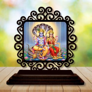 Car Desk/Table Top Lord Vishnu and Lakshmi Wooden Showpiece 3x4 Inches, Compact & Stylish Spiritual Display for Car, Home & Office (Pack of 1) (F19825)