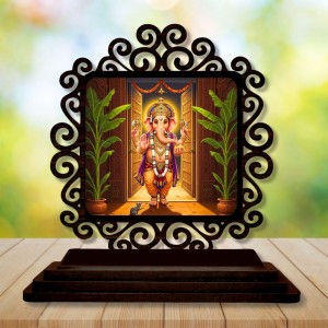 Car Desk/Table Top Lord Ganesha Wooden Showpiece 3x4 Inches, Compact & Stylish Spiritual Display for Car, Home & Office (Pack of 1) (F19899)
