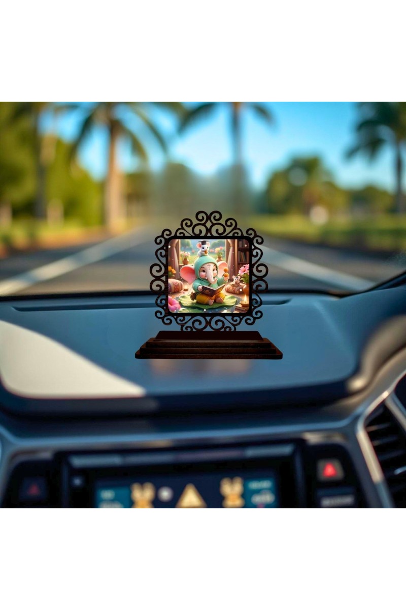 Car Desk/Table Top Lord Ganesha Wooden Showpiece 3x4 Inches, Compact & Stylish Spiritual Display for Car, Home & Office (Pack of 1) (F19962)
