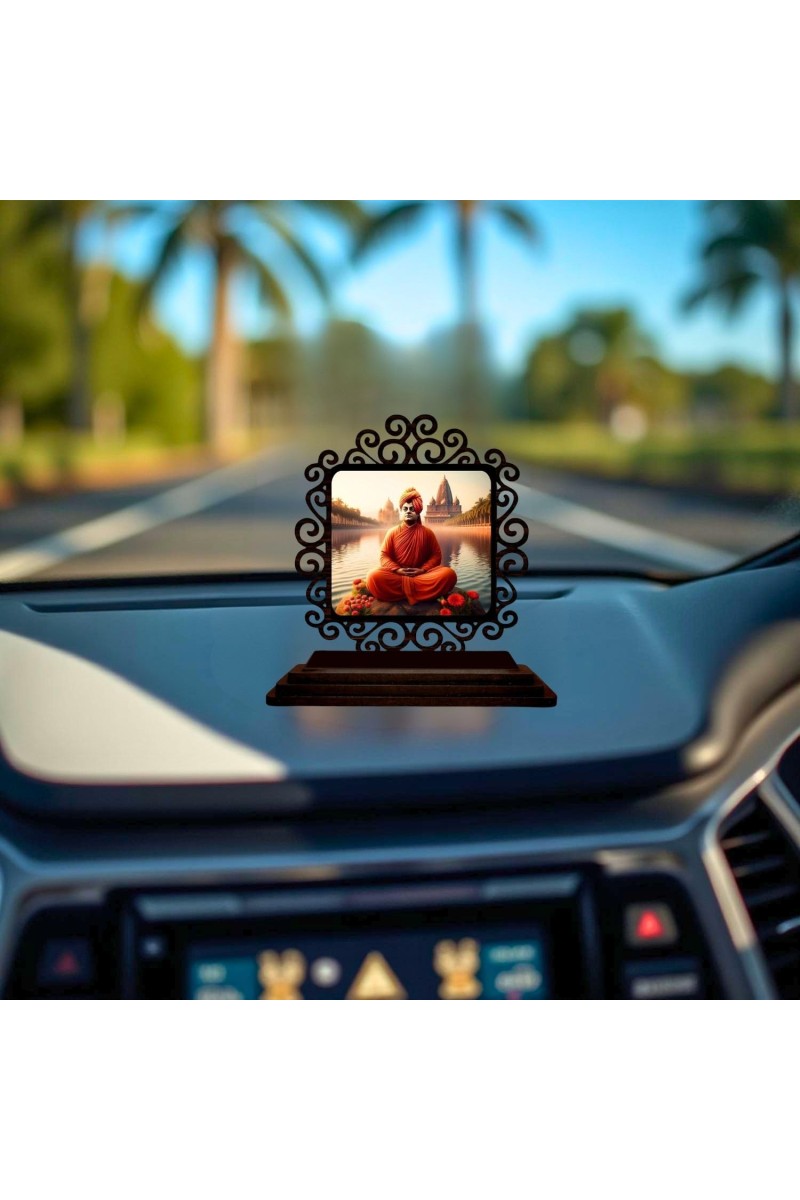 Car Desk/Table Top Swami Vivekananda Wooden Showpiece 3x4 Inches, Compact & Stylish Spiritual Display for Car, Home & Office (Pack of 1) (F19921)