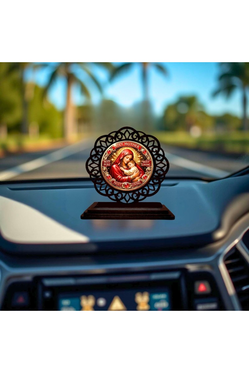 Car Desk/Table Top Lord Jesus and Merry Wooden Showpiece 3x4 Inches, Compact & Stylish Spiritual Display for Car, Home & Office (Pack of 1) (F19549)