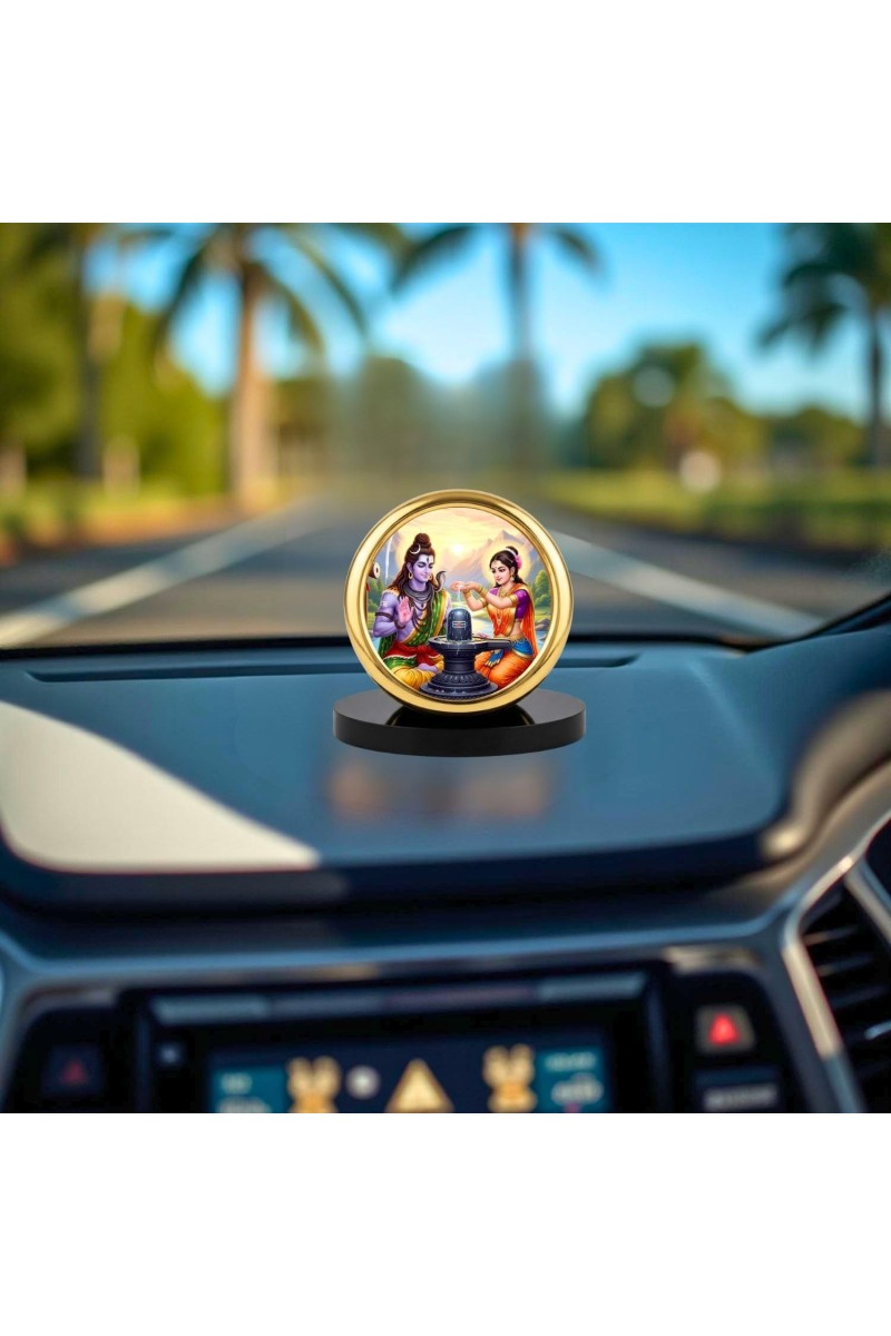 Car Desk/Table Top Lord Shiva Parvathi Metal Golden Photo Stand 2x2 Inches, Compact & Stylish Spiritual Display for Car, Home & Office (Pack of 1) (F18656)