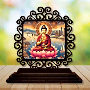 Car Desk/Table Top Serene Buddha Wooden Showpiece 3x4 Inches, Compact & Stylish Spiritual Display for Car, Home & Office (Pack of 1) (F20056)