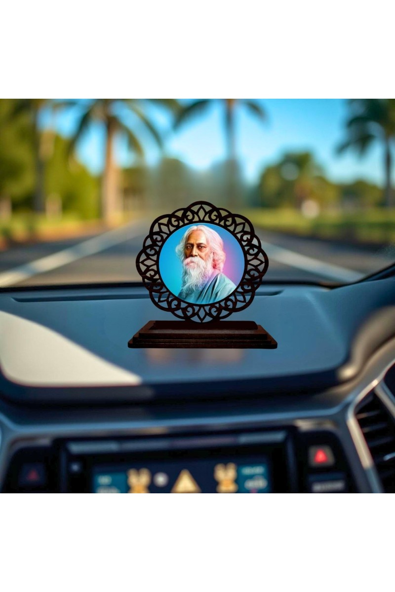 Car Desk/Table Top Rabindranath Tagore Wooden Showpiece 3x4 Inches, Compact & Stylish Spiritual Display for Car, Home & Office (Pack of 1) (F19614)